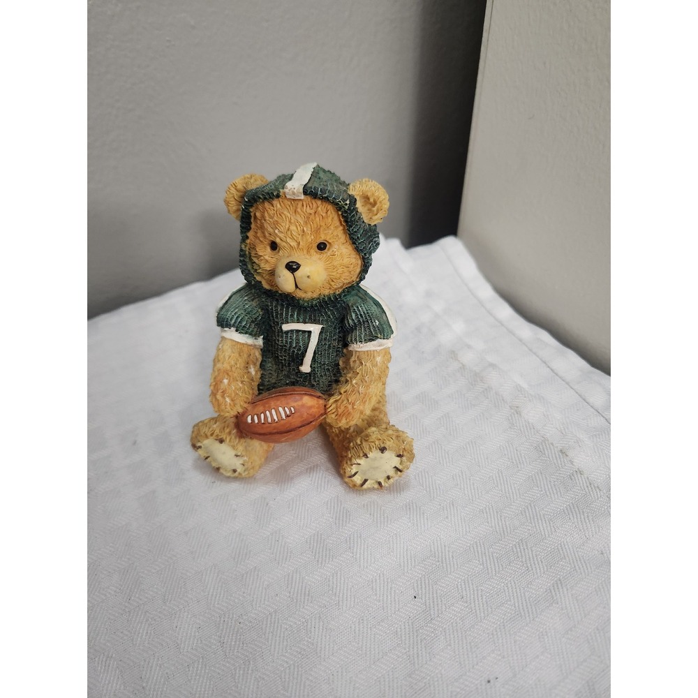 Vintage Football Teddy Bear Figurine Green Jersey Number 7 Resin Collectible